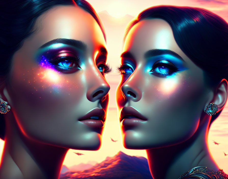 Vibrant cosmic-themed makeup on two women against sunset backdrop with mountains.