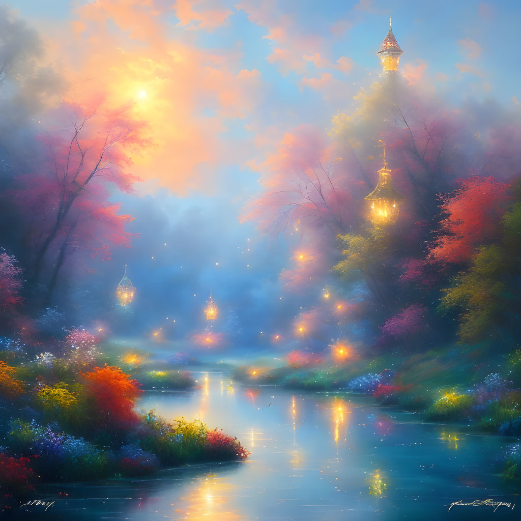 Mystical landscape with river, lanterns, flowers, fog, and golden spires