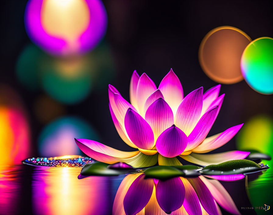 Colorful Lotus Flower on Reflective Surface with Bokeh Lights