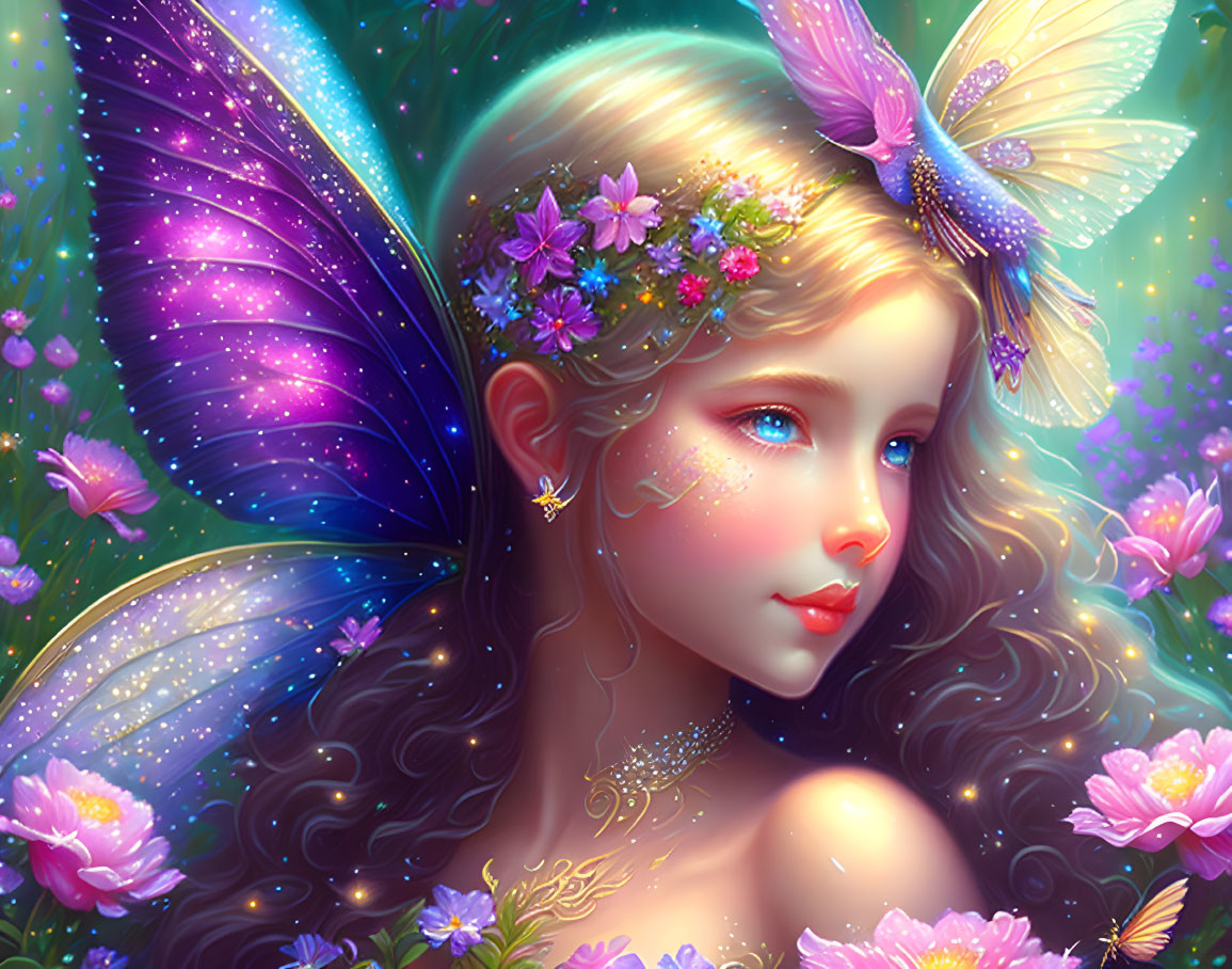 Colorful illustration: Girl with butterfly wings and flowers in magical setting