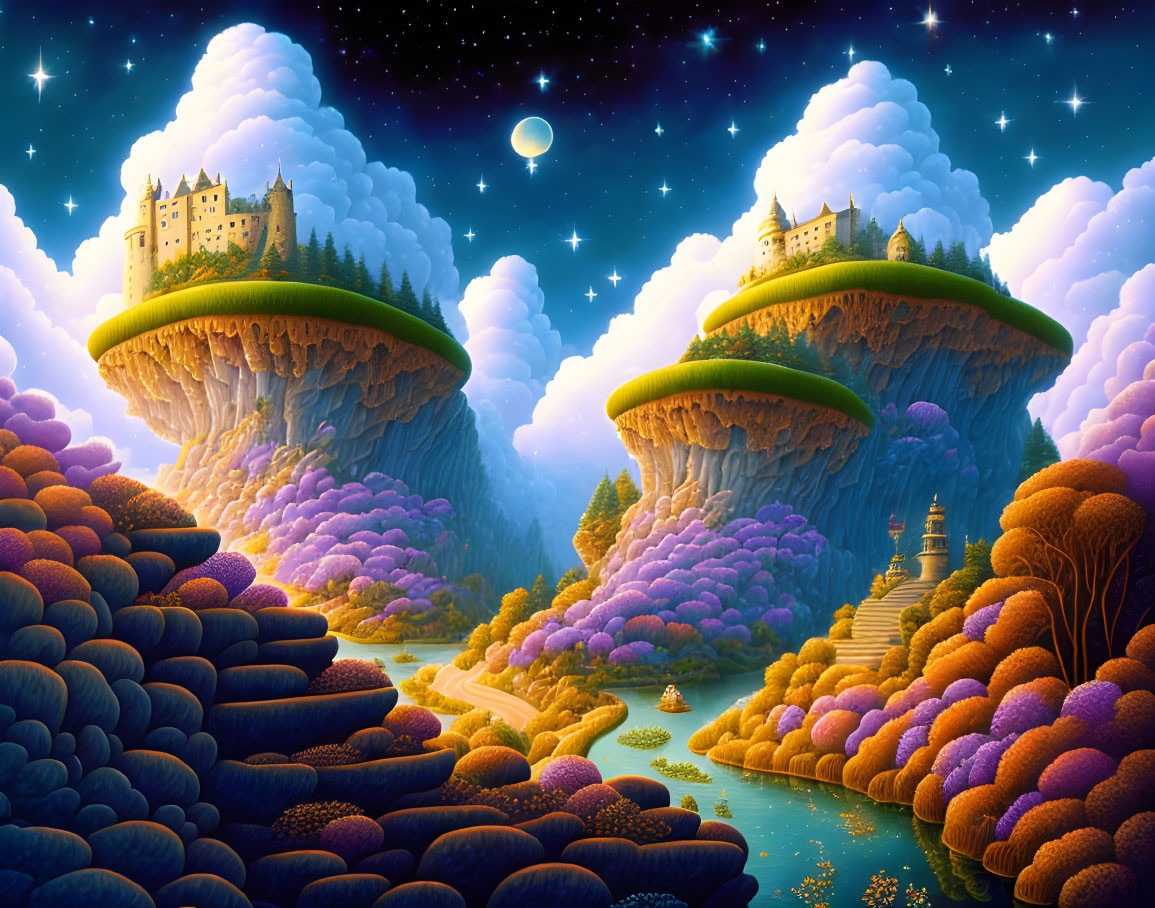 Digital artwork of floating islands with castles under starry night sky