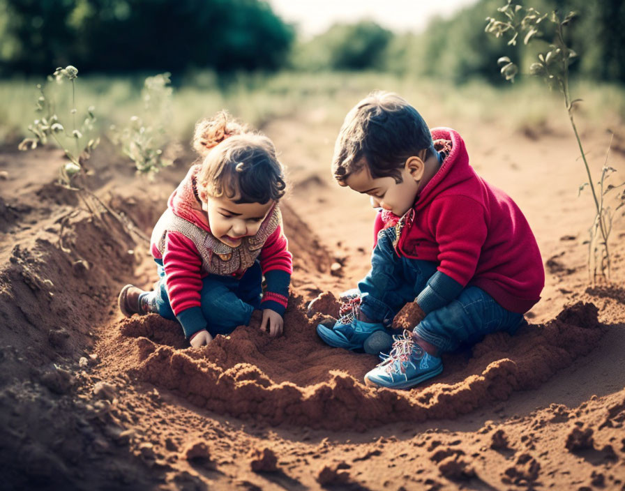 Two toddlers in blue and red outfits playing in a sand pit