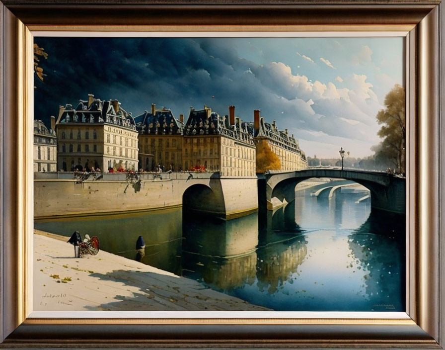 Historical riverside painting with classic architecture and contrasting skies