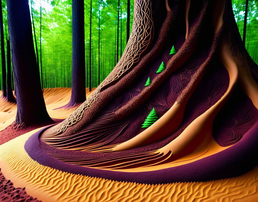 Intricately patterned tree in vibrant forest landscape