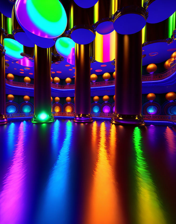 Futuristic interior with neon columns and colorful lights