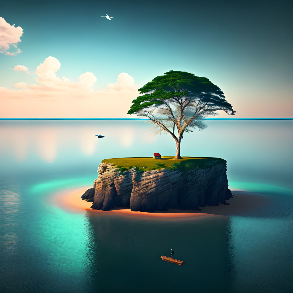 Solitary tree on cliff island at sunset with boat and seagull