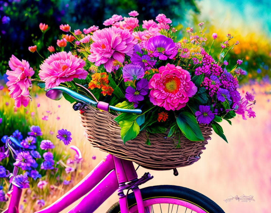 Pink and Purple Flower Bouquet on Pink Bicycle Basket