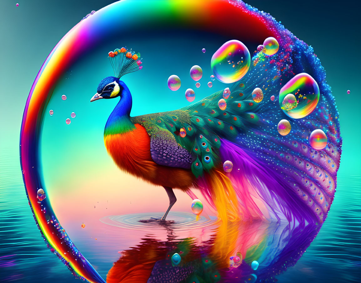 Colorful digital artwork: Peacock with swirling tail, iridescent bubbles, reflective water.