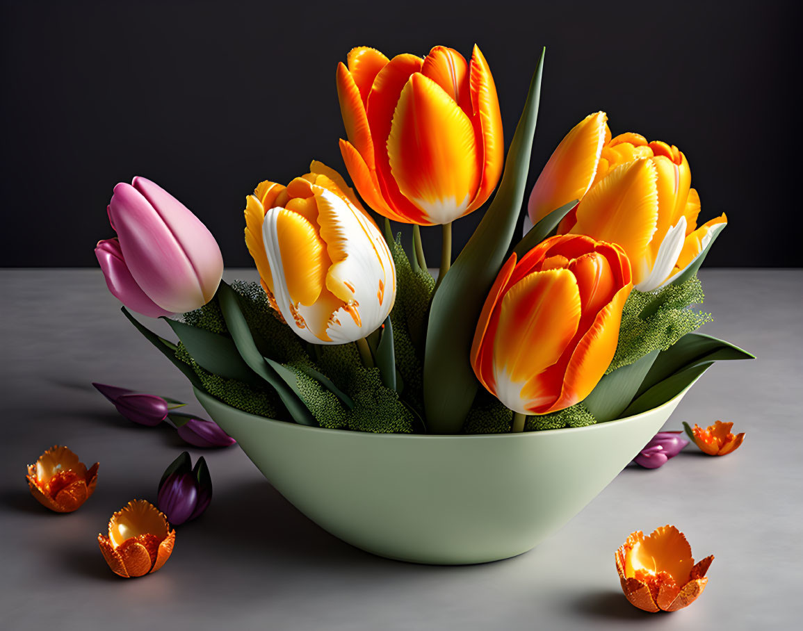 Colorful Tulip Arrangement in Bowl on Gray Background