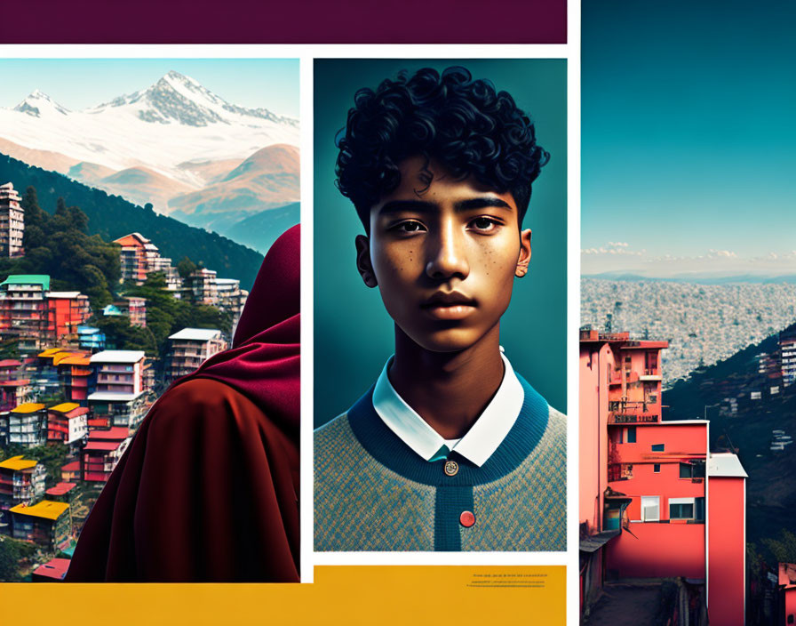 Triptych image: mountain landscapes, young man portrait, urban hillside buildings