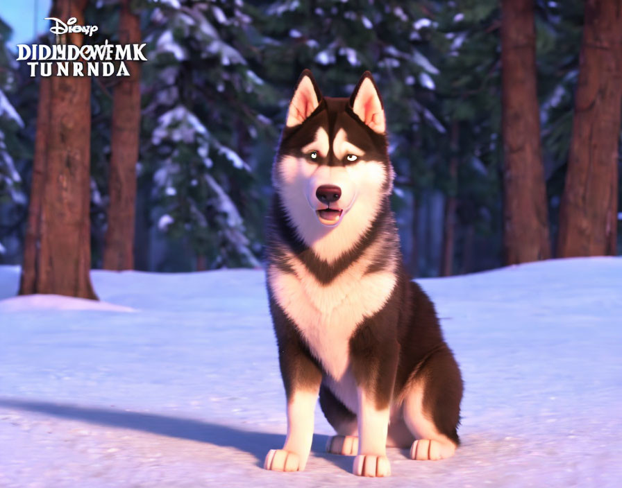 Animated 3D husky with blue eyes in snowy forest with Disney logo and scrambled text.