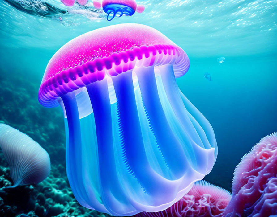 Colorful Digital Illustration: Pink and Purple Jellyfish in Underwater Scene