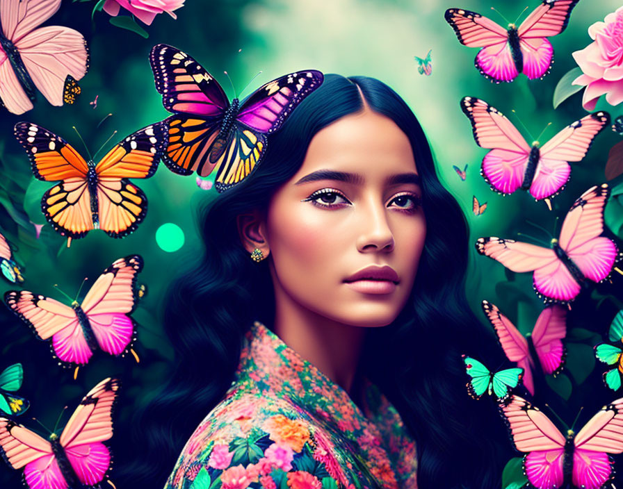 Woman with Long Dark Hair Among Colorful Butterflies on Green Floral Background