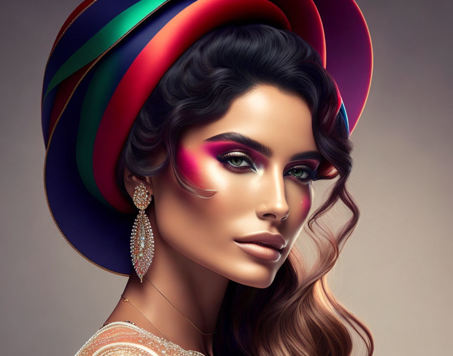 Vibrant digital artwork of woman with colorful hat and striking makeup