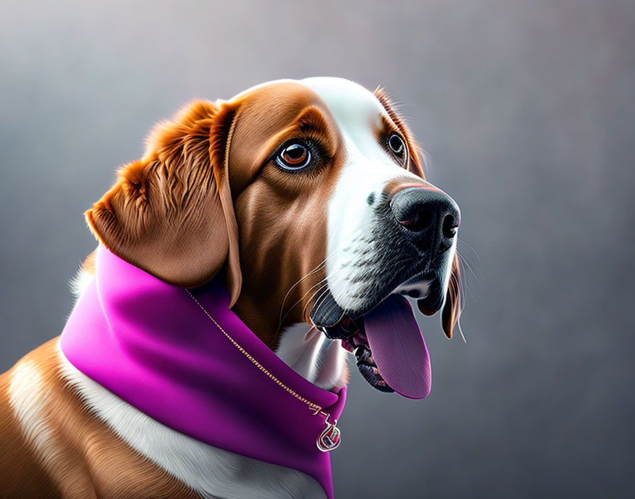 Beagle wearing purple scarf and pendant collar on grey background