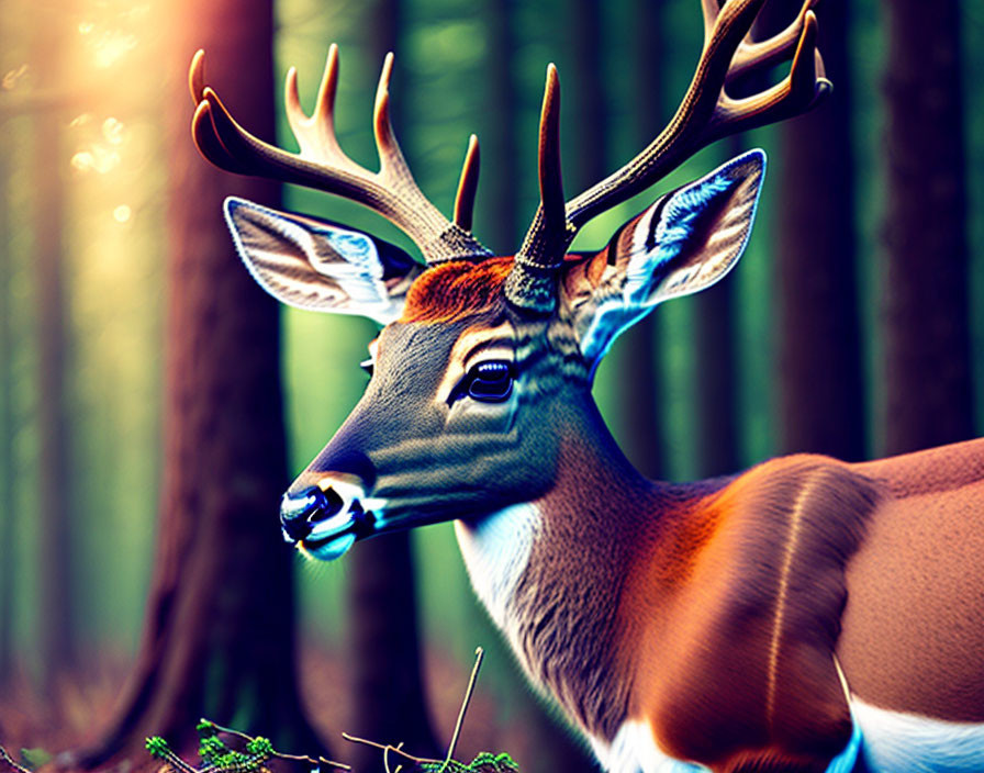 Majestic deer with large antlers in forest sunlight