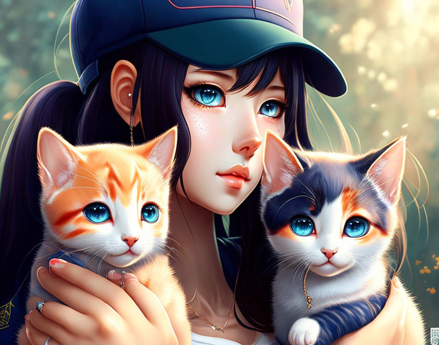 Girl with Large Blue Eyes and Kittens with Striking Blue Eyes