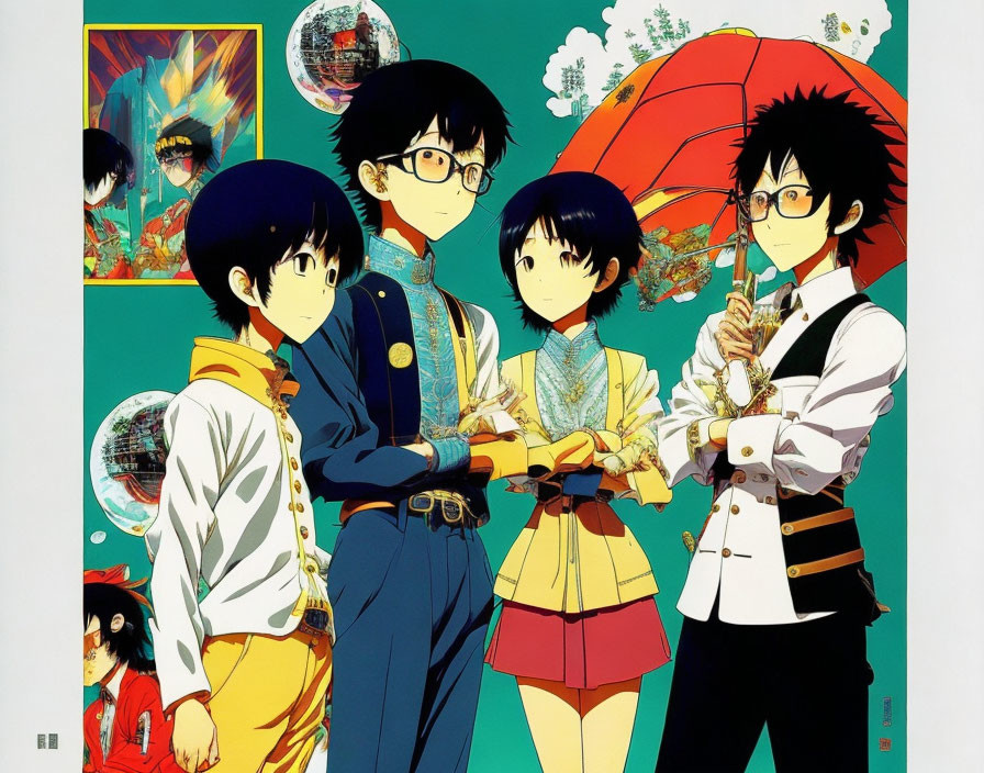 Four animated characters in traditional Japanese style with two males and two females, one holding a red umbrella.