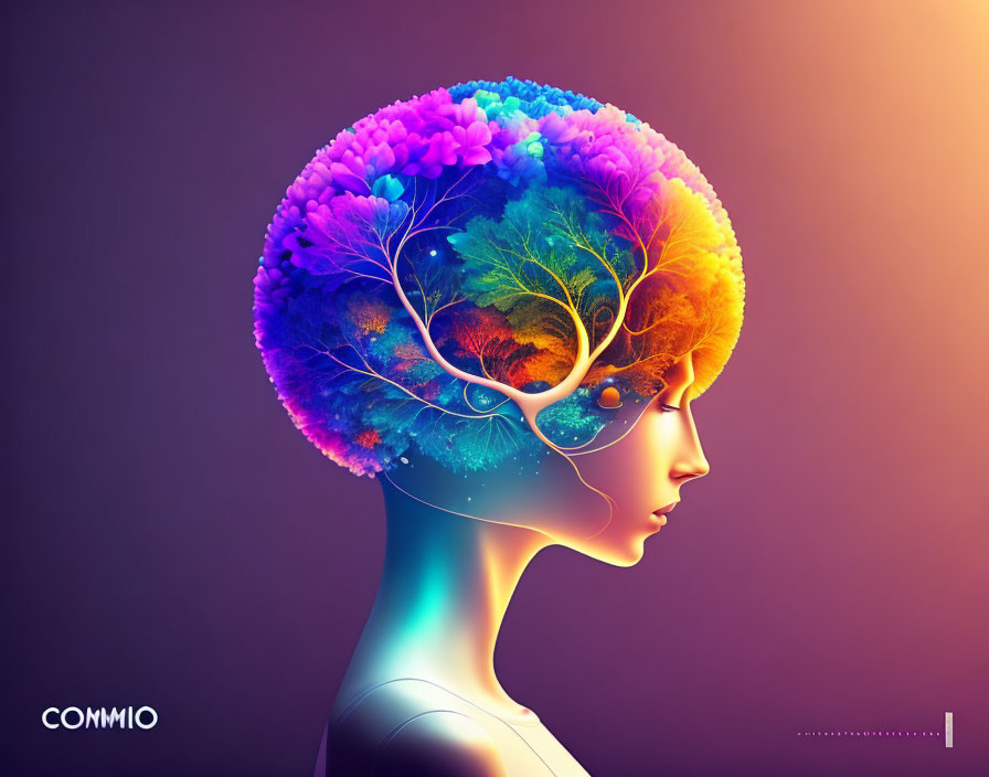 Vibrant profile view illustration of human head with brain as colorful tree