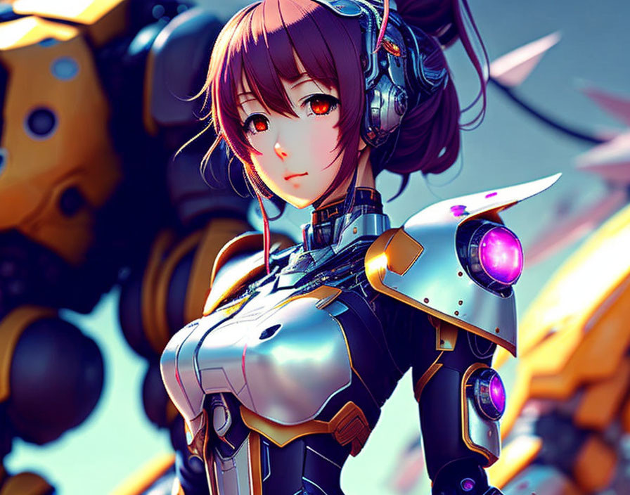 Futuristic female character with anime-style design and robotic entity in purple glow