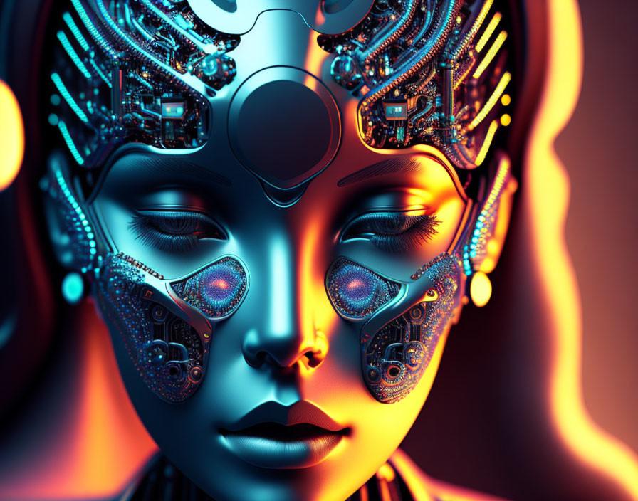 Female figure with cybernetic enhancements in intricate digital art