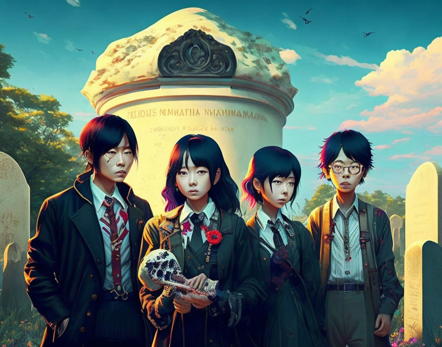 Students in uniforms at eerie cemetery with mystical objects and crows.