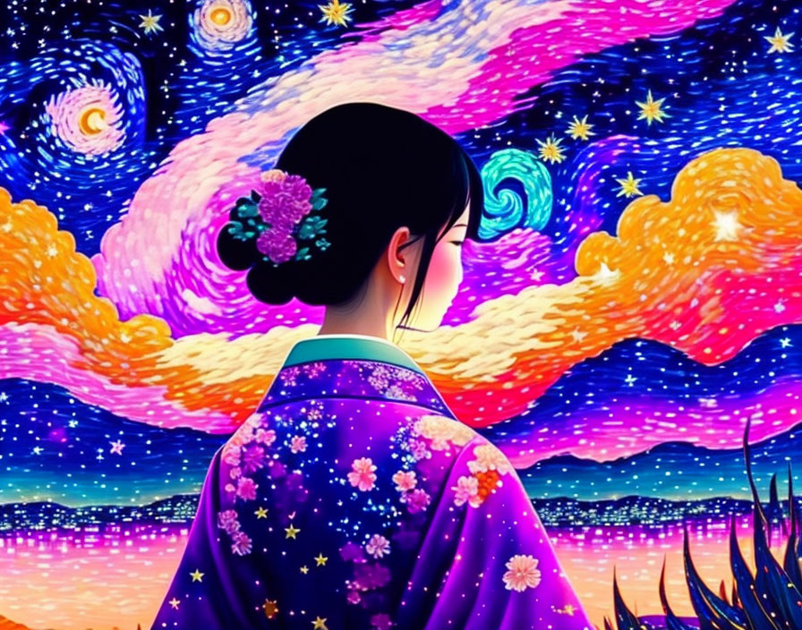 Woman in floral kimono under swirling starry sky reminiscent of Van Gogh.