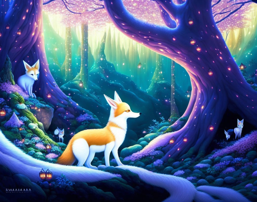 Vibrant purple and blue mystical forest with foxes and enchanted pathway