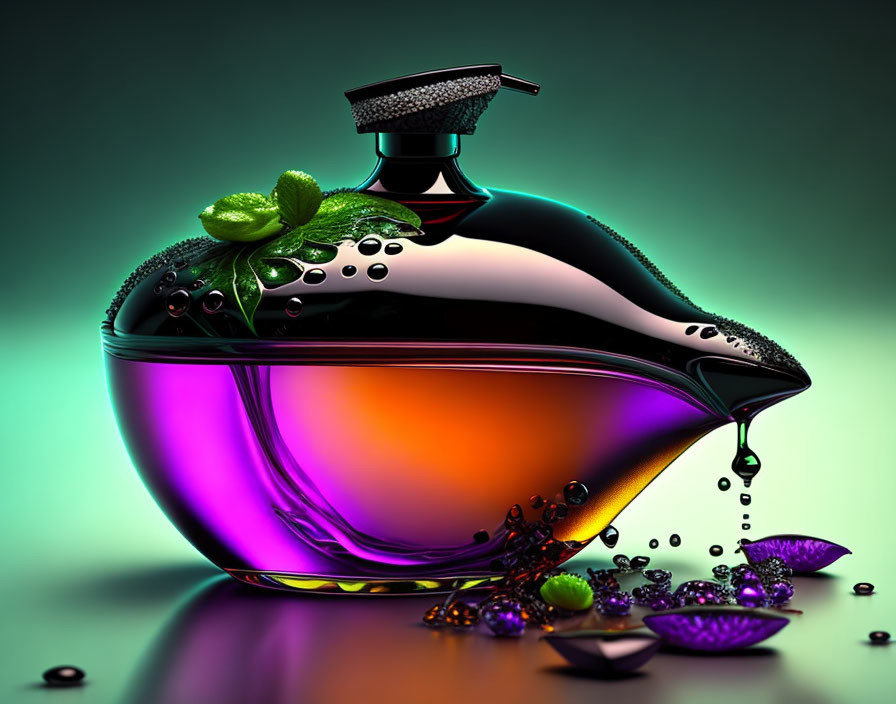 Vibrant digital artwork: Perfume bottle with purple-orange gradient, mint leaves, gem-like details