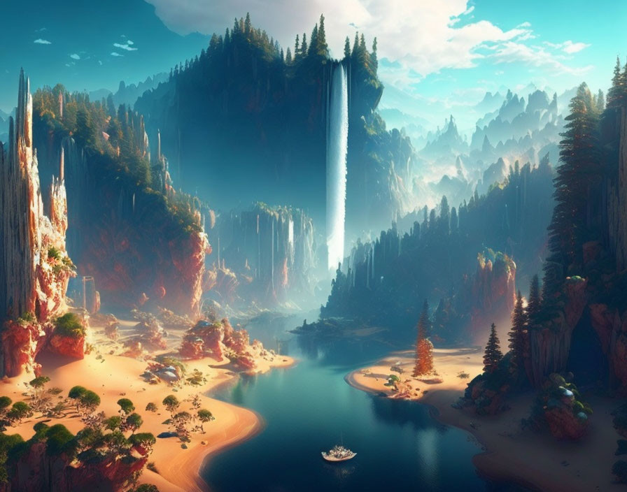 Majestic waterfall, towering cliffs, serene river, lush forests in fantastical landscape