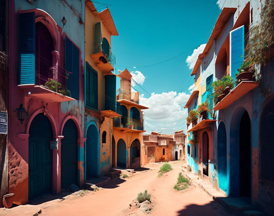 Vibrant facades on sunlit street in traditional village