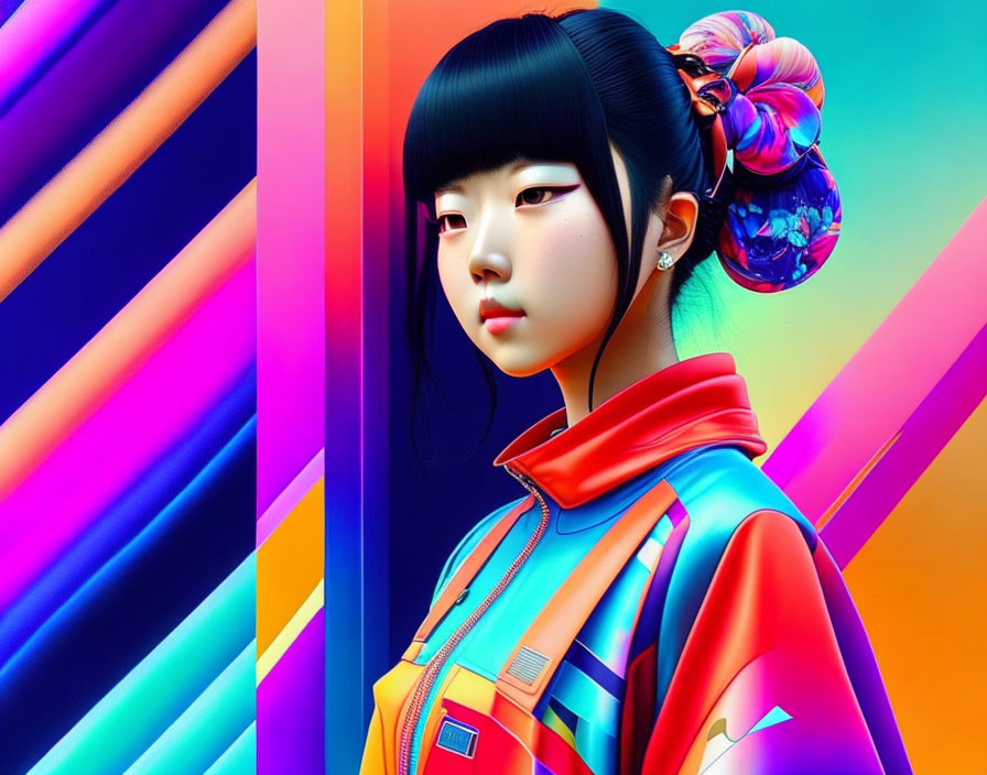 Futuristic girl digital art with vibrant attire & neon background