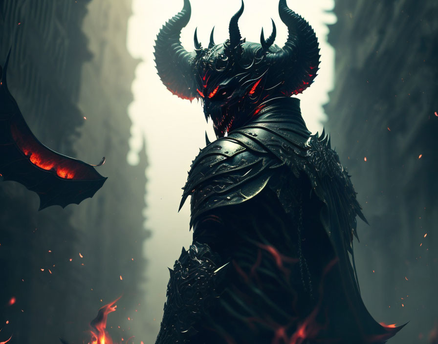 Sinister figure with red eyes, horns, and dragon wings in fiery setting