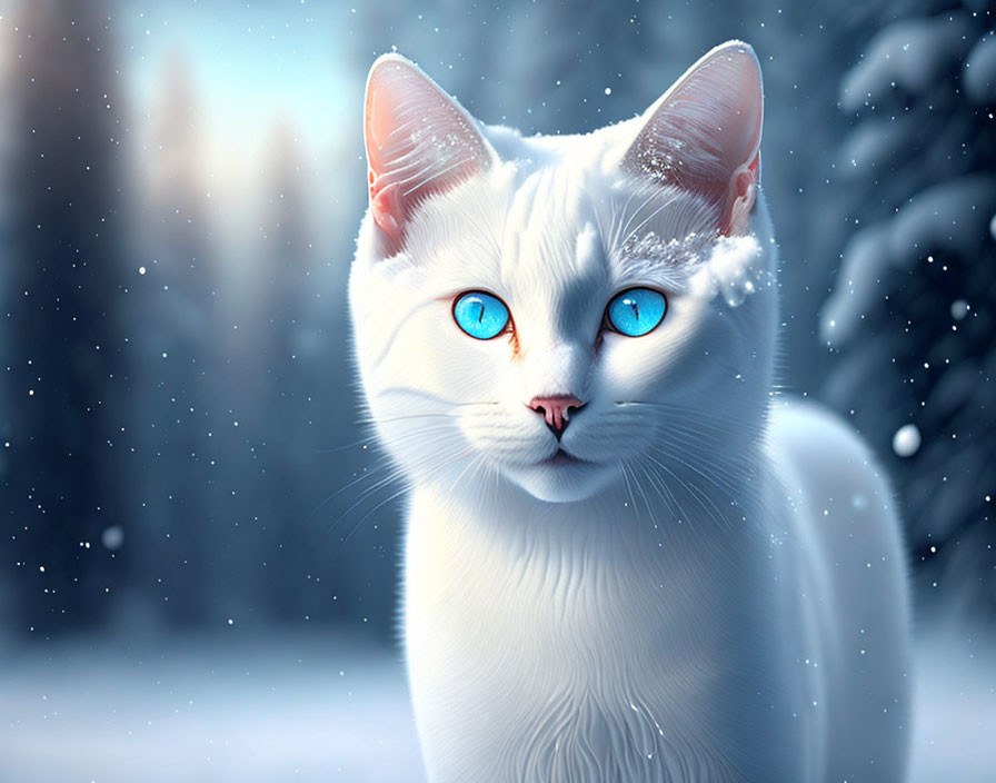 White Cat with Blue Eyes in Snowy Forest Scene