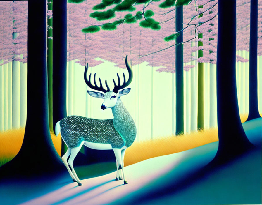 Colorful forest scene with deer in purple and green hues