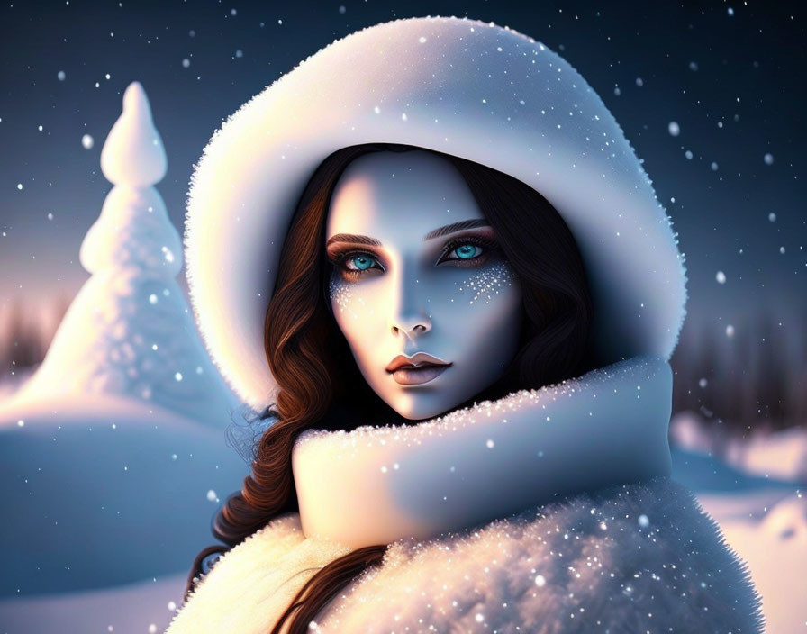 Woman with Deep Blue Eyes and Star-Like Facial Markings in White Cloak Winter Scene