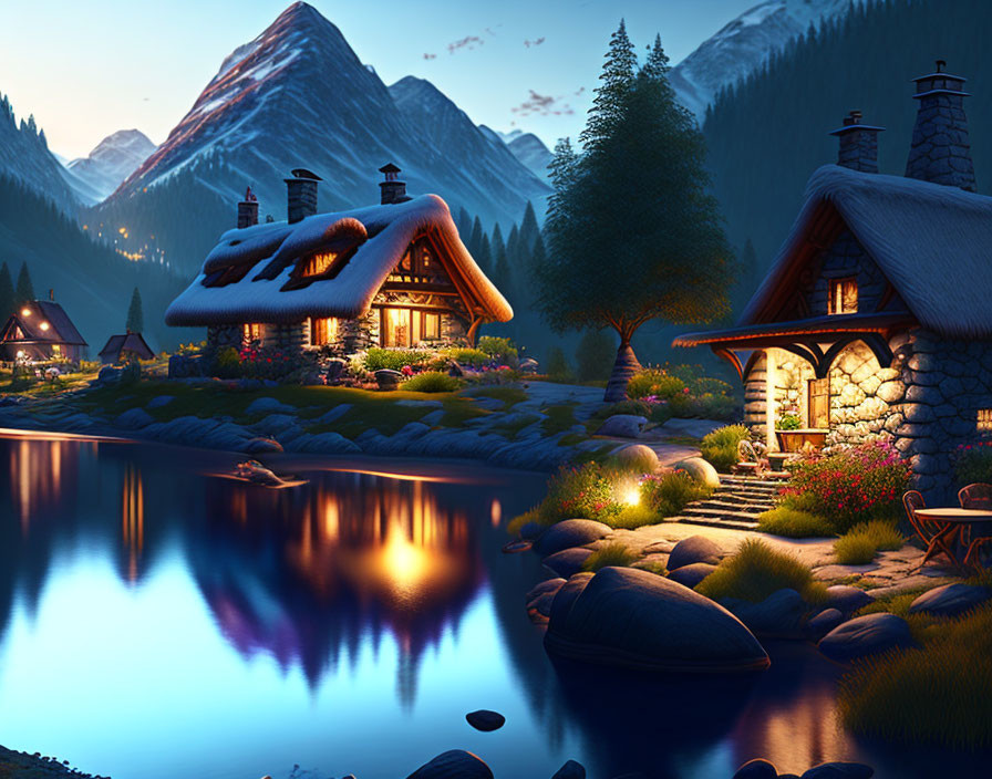 Tranquil Twilight Scene: Cozy Cottages, Lake, Mountains