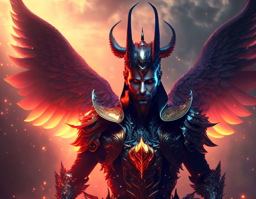 Digital artwork: Mythical figure with red glowing eyes, dark armor, wings, and horns in mo