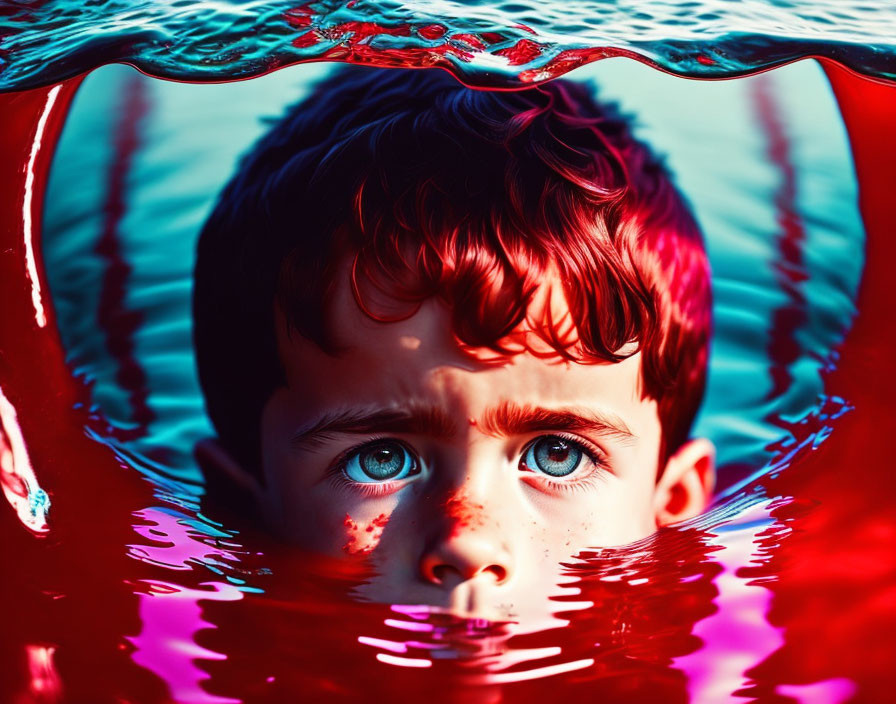 Child with Striking Blue Eyes Submerged in Water