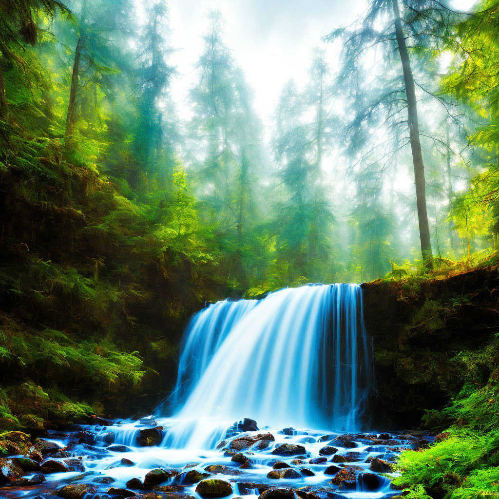 Misty forest scene with vibrant waterfall and tranquil blue pool