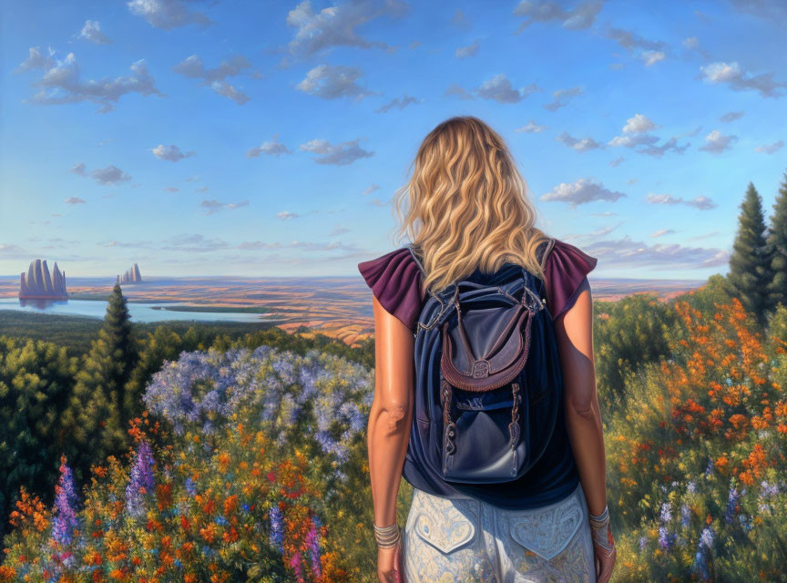 Woman with backpack admiring colorful landscape with fields and trees