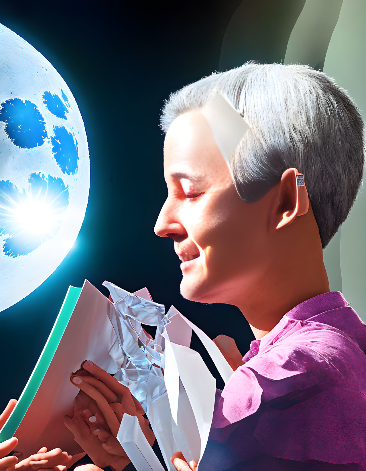Digital artwork: Transparent head reveals brain, holding crumpled paper, moon and sun in background