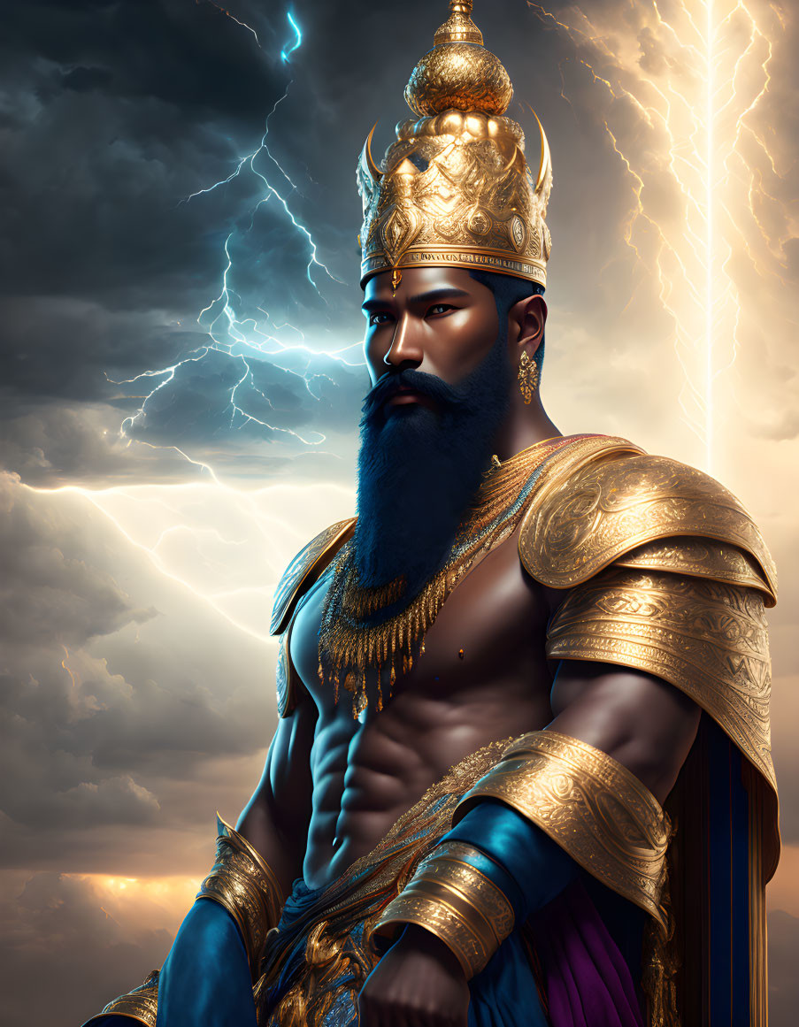 Majestic warrior king in golden crown and armor under stormy sky