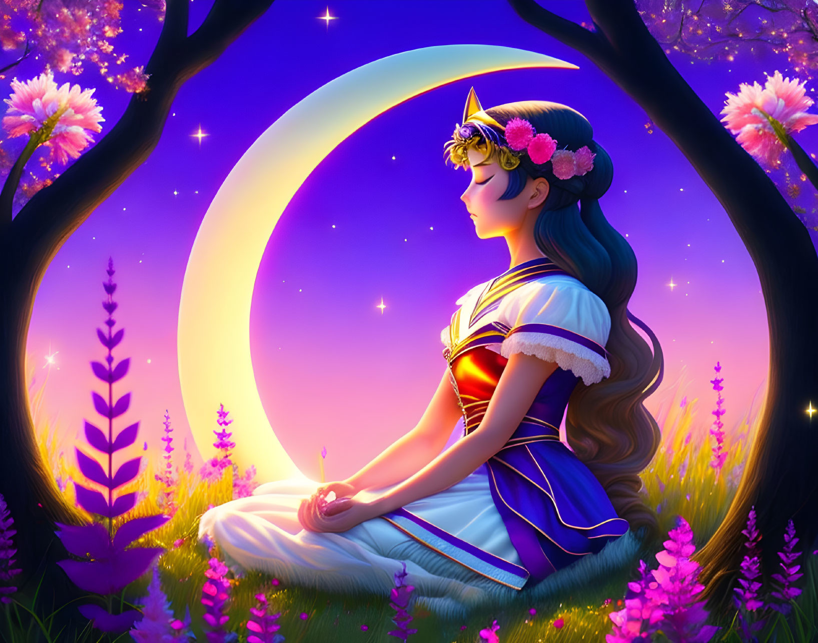 Illustrated girl in sailor costume meditates under crescent moon with vibrant flowers and stars