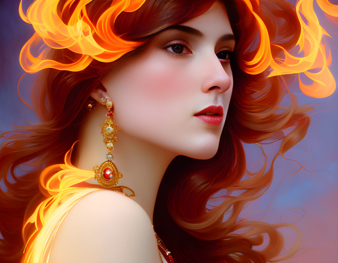 Vibrant woman with fiery hair and ornate earring on blue and orange backdrop