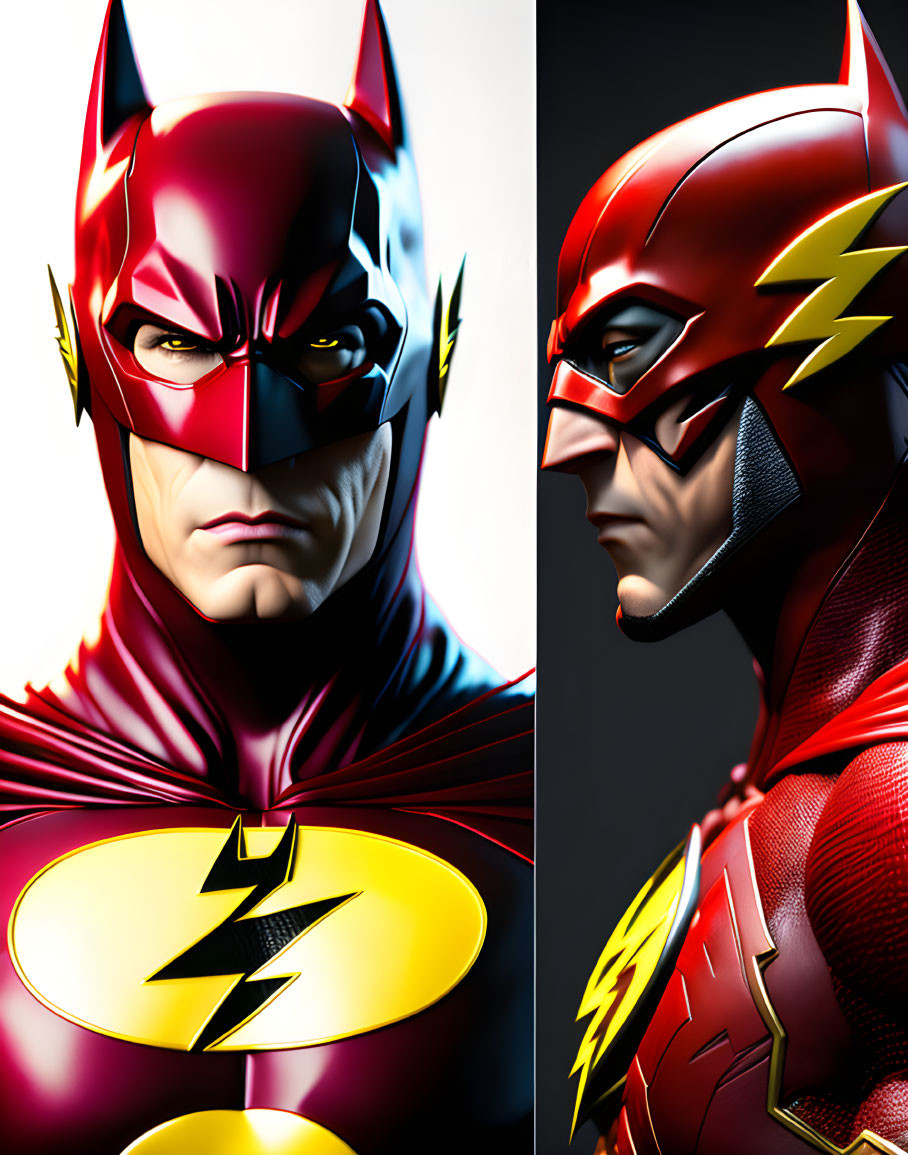 Split Image of Two Costumed Characters: Bat-Themed Mask and Lightning Bolt Suit