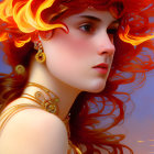 Vibrant woman with fiery hair and ornate earring on blue and orange backdrop