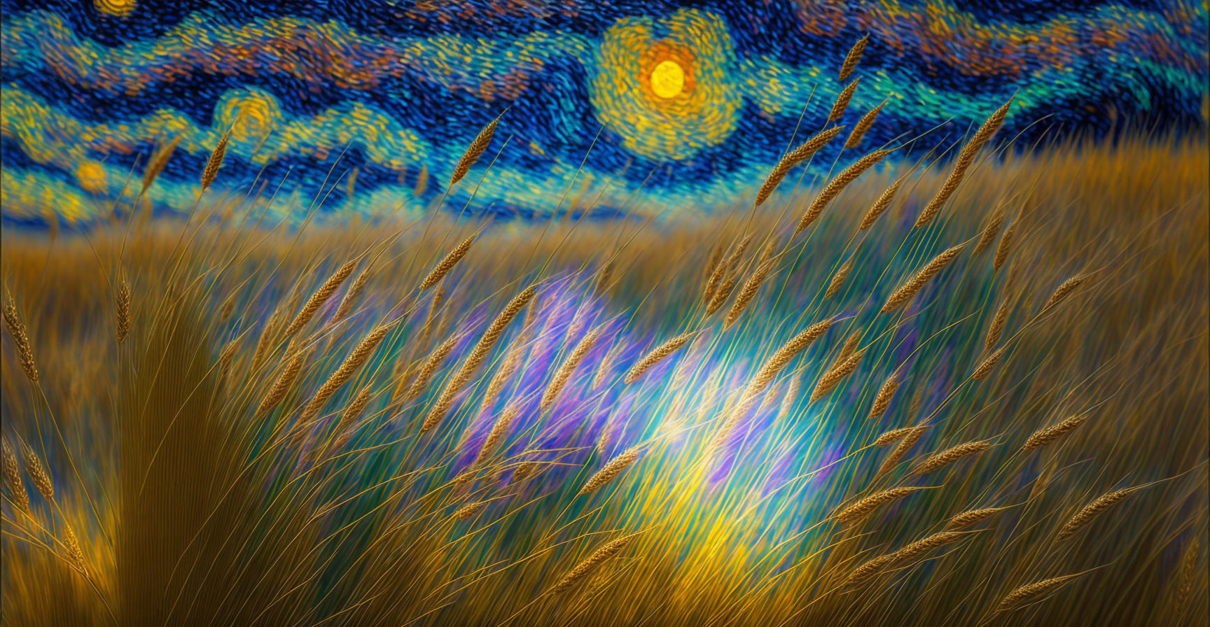 Digital Art: Van Gogh's "Starry Night" blended with wheat field, creating impressionistic