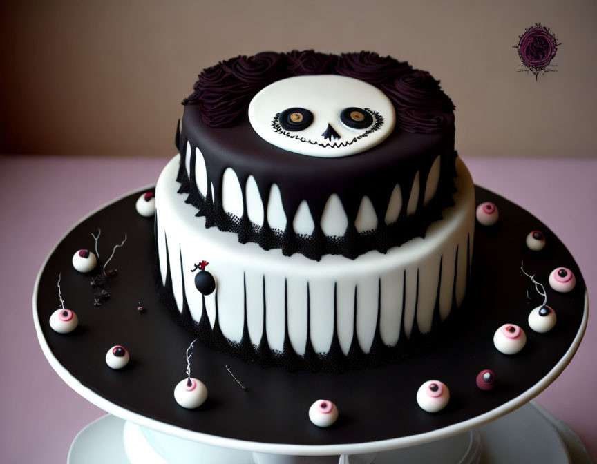 Gothic-themed two-tiered cake with black and white color scheme and spooky decorations