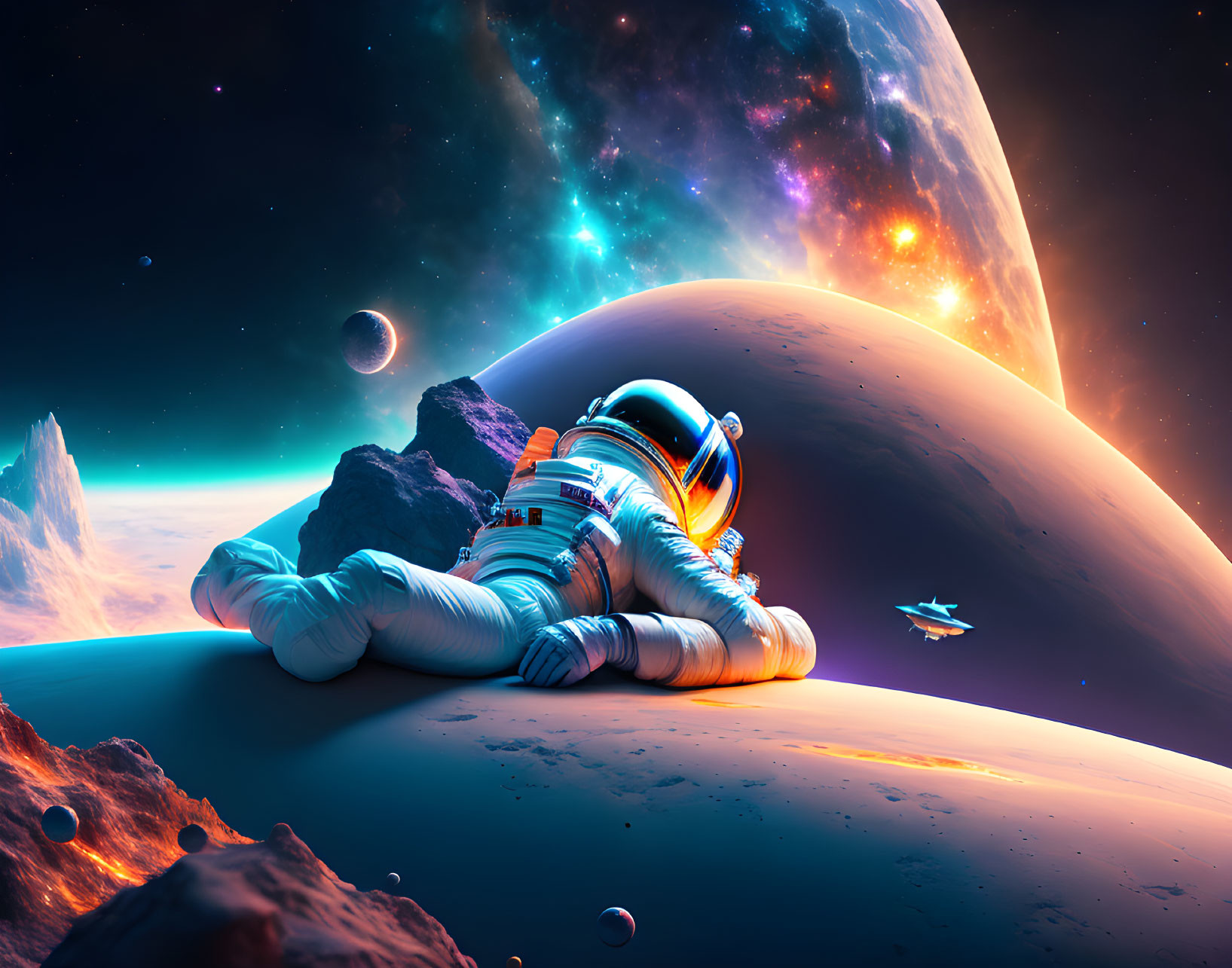 Astronaut on rocky alien surface staring at nebula & planets